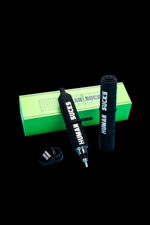 Black cannabis pen with “HUMAN SUCKS” branding displayed with a green box and branded sticker on a black background.