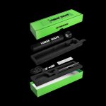 Exploded view of a black cannabis vape pen kit with bright green packaging labeled "HUMAN SUCKS" and "Stinger."