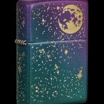 Zippo lighter with a celestial design featuring a crescent moon and golden stars on a gradient purple-to-teal background.