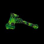 Green glass dab rig with intricate swirling patterns, isolated on a black background.