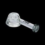Clear glass smoking pipe with etched bowl and logo.