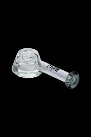 Clear glass smoking pipe with etched bowl and logo.