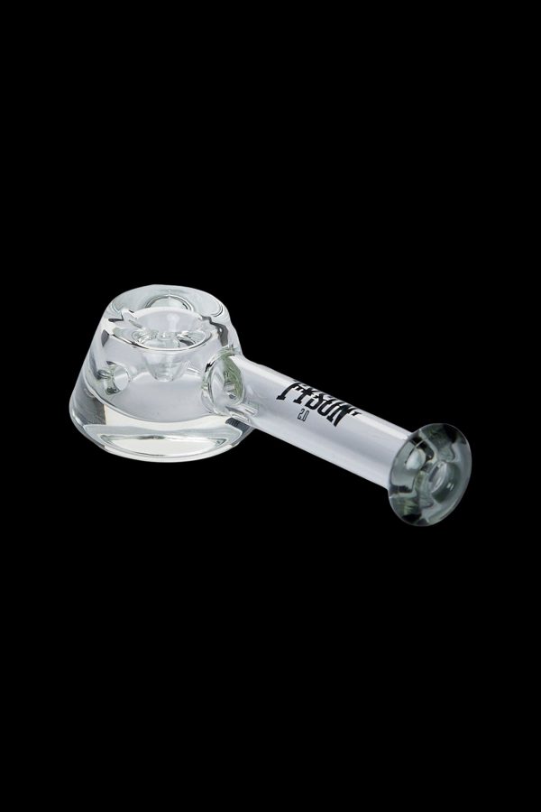 Clear glass smoking pipe with etched bowl and logo.