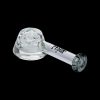 Clear glass smoking pipe with etched bowl and logo.