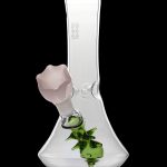 Glass bong with cannabis leaf inside.