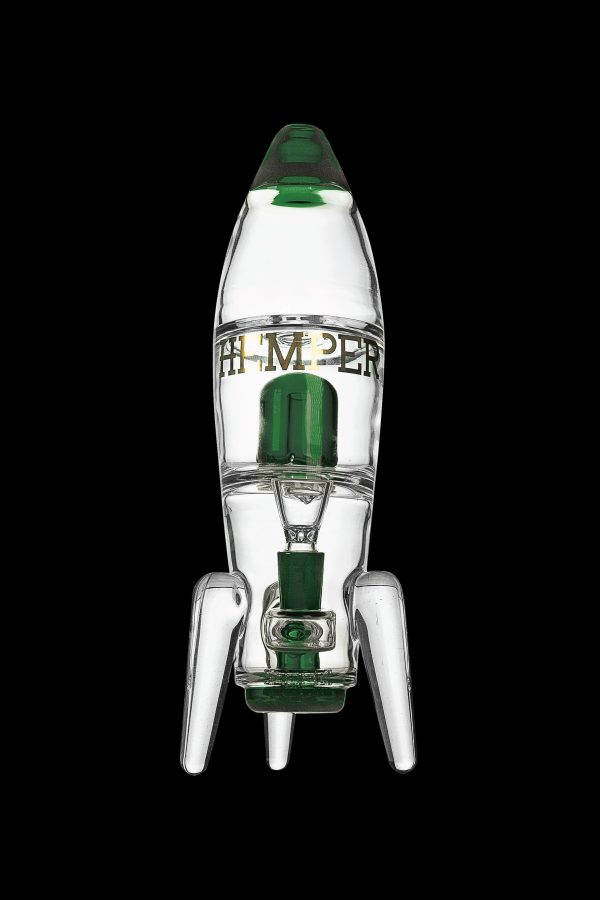 Glass rocket ship-shaped water pipe with green accents, isolated on a black background.