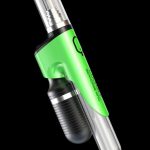 Green and silver cannabis oil vape pen with a glass mouthpiece.