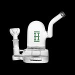 Clear glass water pipe with a green "H" logo.