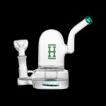 Clear glass water pipe with a distinct geometric shape and green accents.