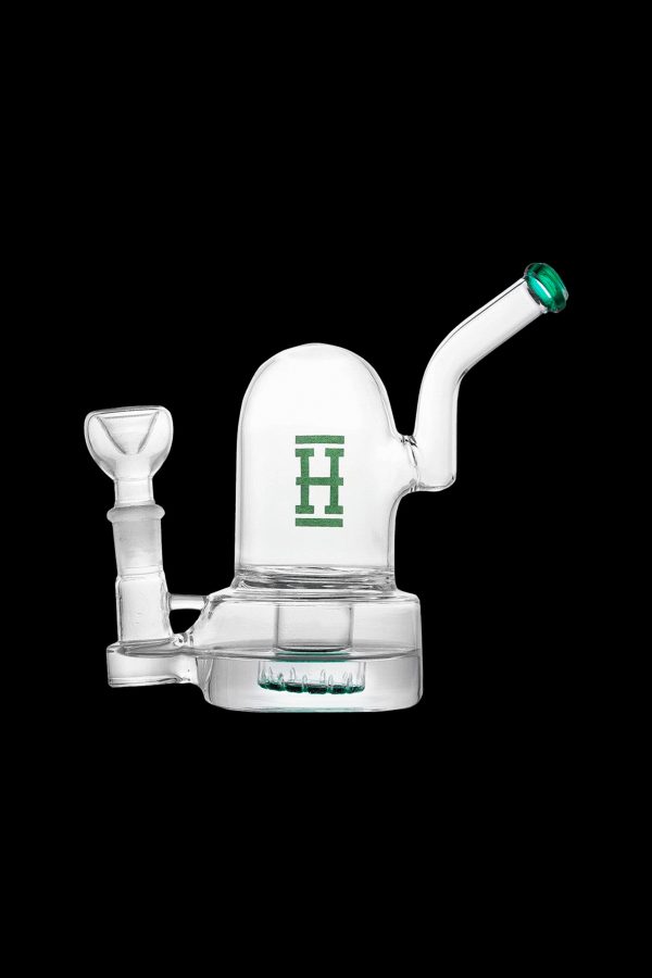 Clear glass water pipe with a distinct geometric shape and green accents.