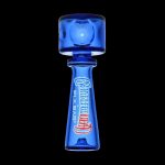 Blue glass bubbler pipe with red lettering against a black background.