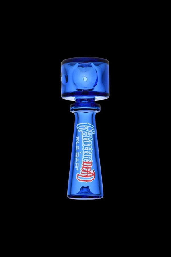 Blue glass bubbler pipe with red lettering against a black background.