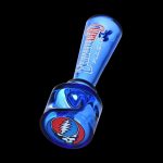Blue glass pipe with a Grateful Dead “Steal Your Face” decal.