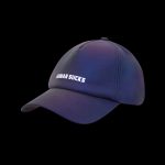 Iridescent baseball cap with “HUMAN SUCKS” embroidered on the front, isolated on a black background.