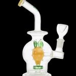 Clear glass bubbler water pipe with a cactus-shaped chamber and green accents.