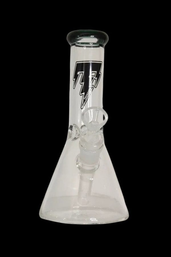 Clear glass beaker bong with black lightning bolt design.