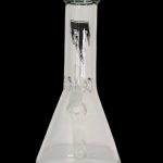 Clear glass beaker with ice catch and graphic design, isolated on black.