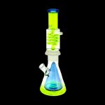Green and blue glass bong with swirling design.