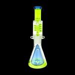 Green and blue glass water pipe with intricate design.