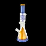 Blue and orange glass water pipe (bong) against a black background.