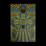 Psychedelic tapestry featuring a stylized face with geometric patterns in blue, yellow, and green.