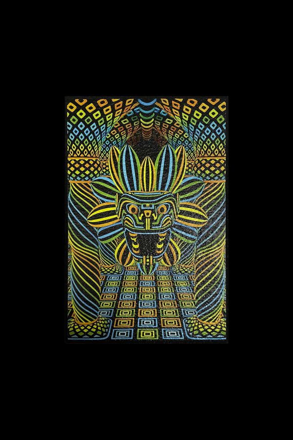 Psychedelic tapestry featuring a stylized face with geometric patterns in blue, yellow, and green.
