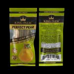 Close-up of two King Palm Perfect Pear pre-rolled hemp cones in yellow packaging, labeled “Terpene Infused – Tobacco Free” with health warnings.