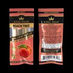 Close-up of King Palm peach-flavored Real Leaf Rolls packaging, featuring a peach graphic and warning labels.