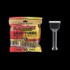 A colorful package of King Palm Strawberry Banana Leaf Tubes with 25 pre-rolled mini-blunts, alongside a black King Palm Slim metal filter tip."
