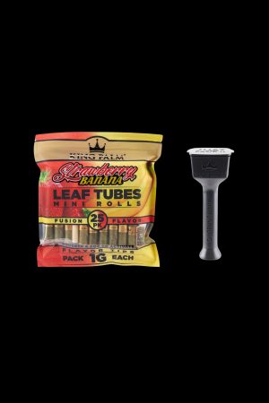 A colorful package of King Palm Strawberry Banana Leaf Tubes with 25 pre-rolled mini-blunts, alongside a black King Palm Slim metal filter tip."