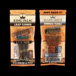 A sealed, colorful retail package of King Palm Leaf Cones in “Cantaloupe Melon” flavor, featuring a 1 ¼ size and “squeeze & pop” functionality.