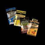 Assorted King Palm pre-rolled wraps in flavors like Berry Terps, Banana Cream, Irish Cream, and Pineapple, stacked against a dark background. Each package indicates "Real Leaf Rolls" and "Terpene Infused – Tobacco Free."