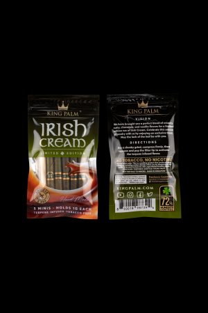 Close-up of a “King Palm” Irish Cream flavored leaf wrap package, displaying instructions and a humidity control packet.
