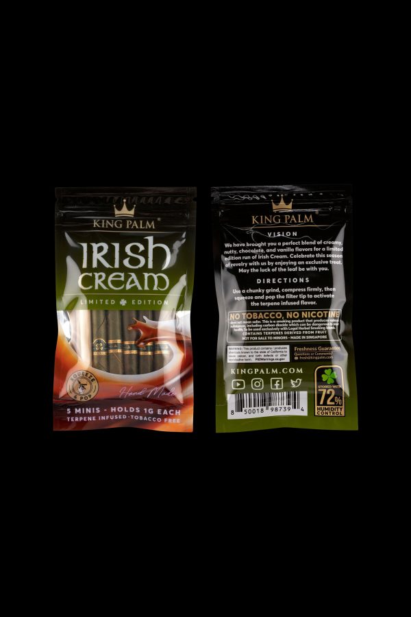 Close-up of a “King Palm” Irish Cream flavored leaf wrap package, displaying instructions and a humidity control packet.
