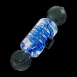 Blue and black glass cannabis bubbler pipe against a black background.