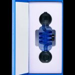 Blue glass bubbler pipe displayed in an open blue box.