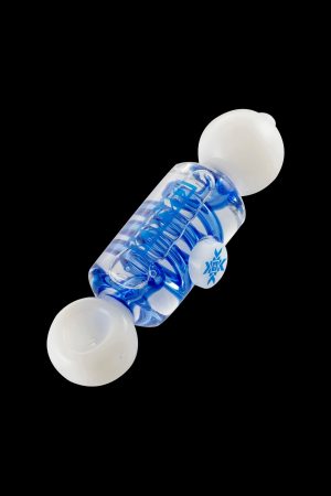 Blue and white glass bubbler pipe with intricate swirling patterns.