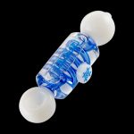 Blue and white glass bubbler pipe with intricate swirling patterns.