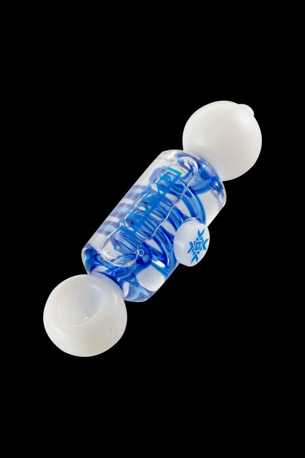 Blue and white glass bubbler pipe with intricate swirling patterns.