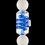 Blue and clear glass oil rig bubbler with intricate spiral design.