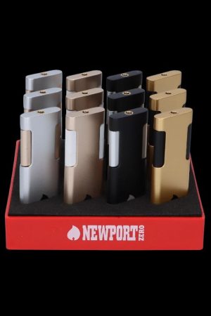 Display of gold and black Newport Zero butane torches for dabbing cannabis concentrates.
