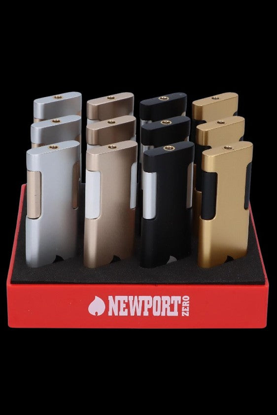 Display of gold and black Newport Zero butane torches for dabbing cannabis concentrates.