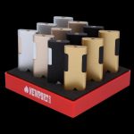 Assortment of gold and silver butane lighters displayed on a red Newport Zero branded tray, likely for cannabis use.