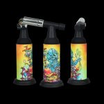 Three butane torches with psychedelic mushroom-themed artwork against a black background.