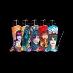 Five illustrated cannabis grinder tins depicting fantastical character portraits against a black background, with two metal grinding tools beside them.