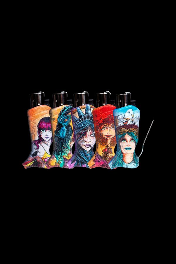 Five illustrated cannabis grinder tins depicting fantastical character portraits against a black background, with two metal grinding tools beside them.