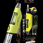 Neon green Lookah Seahorse Pro Plus dab pen with quartz coil, showcasing features like variable voltage and easy cleaning.