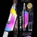 A product box for the limited edition “Lookah Seahorse Pro Plus” cannabis concentrate vaporizer, featuring a rainbow-colored device with a quartz taste atomizer and a magnetic cap.