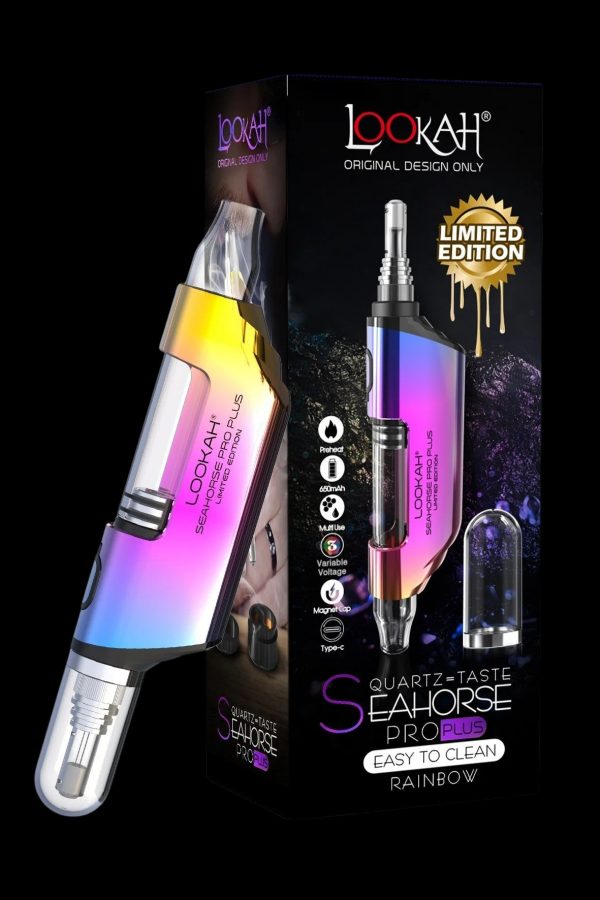 A product box for the limited edition “Lookah Seahorse Pro Plus” cannabis concentrate vaporizer, featuring a rainbow-colored device with a quartz taste atomizer and a magnetic cap.