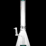 Clear glass bong with a wide base and angled neck, isolated on a black background.